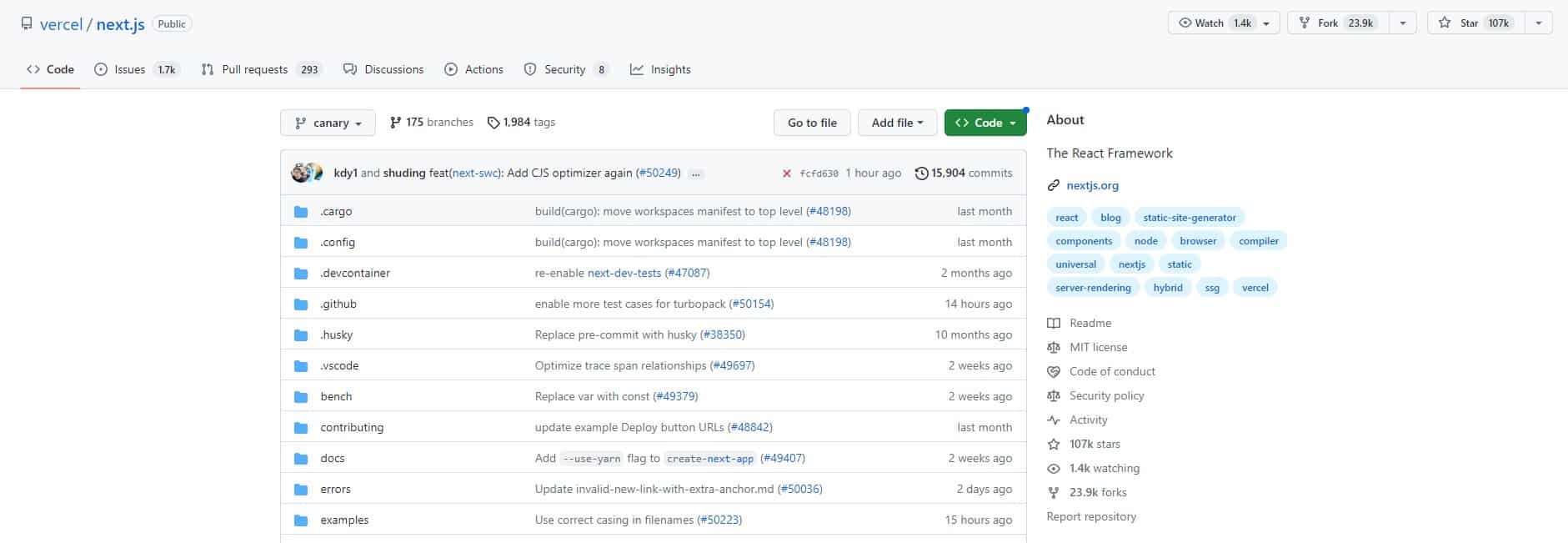 Tableau de bord GitHub de Next.js montrant sa popularité croissante avec des millions de téléchargements chaque semaine.